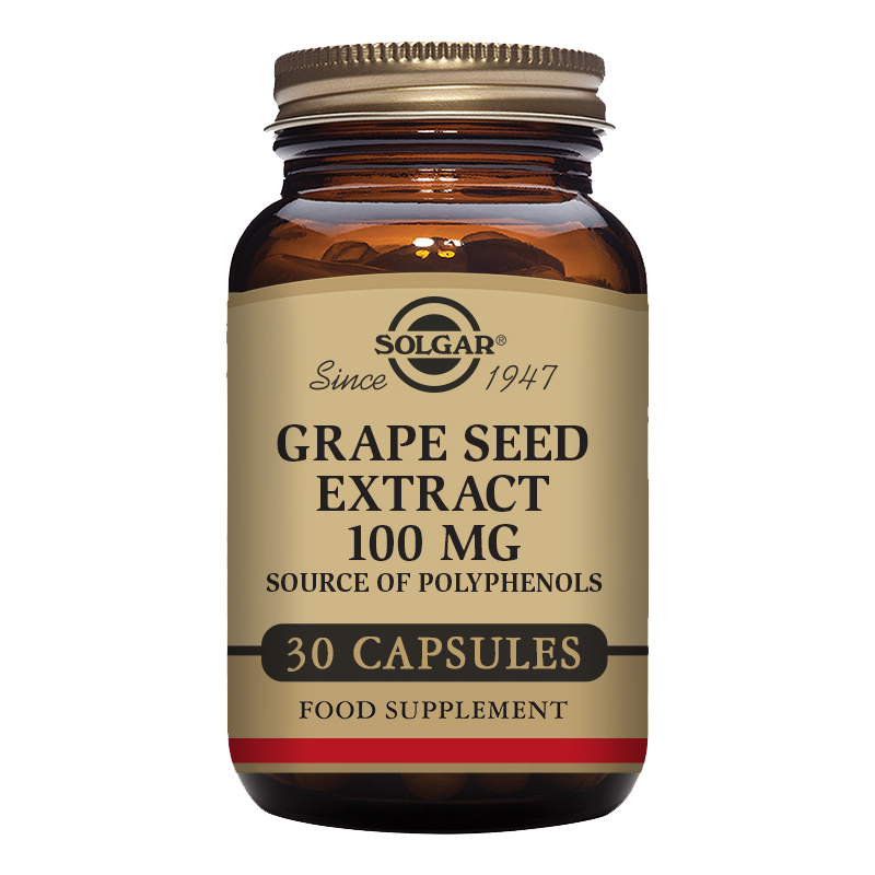 A glass bottle of Solgar Grape Seed Extract 100 mg with 30 vegetable capsules.