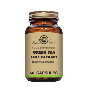 Solgar Green Tea Leaf Extract vegetable capsules in a glass bottle with a gold lid
