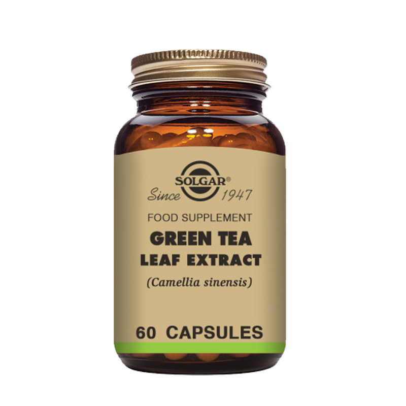 Solgar Green Tea Leaf Extract vegetable capsules in a glass bottle with a gold lid