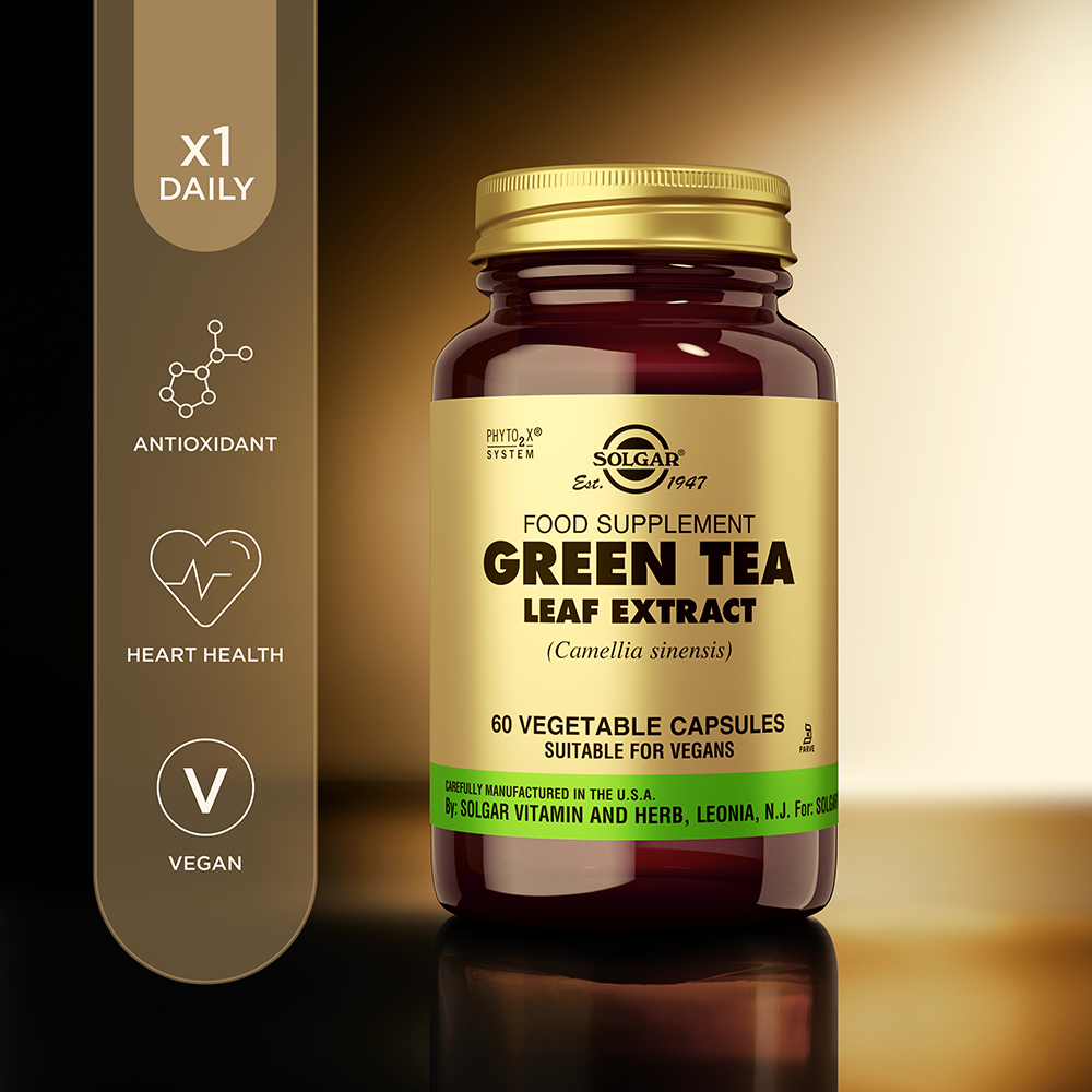 Solgar Green Tea Leaf Extract vegetable capsules alongside some product information