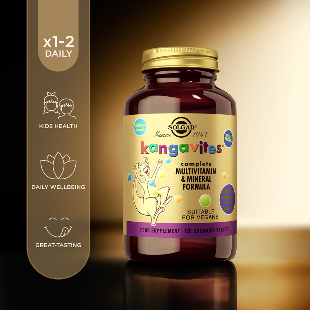 Solgar Kangavites Bouncing Berry Complete Formula Chewable Tablets in a glass jar with some information beside it