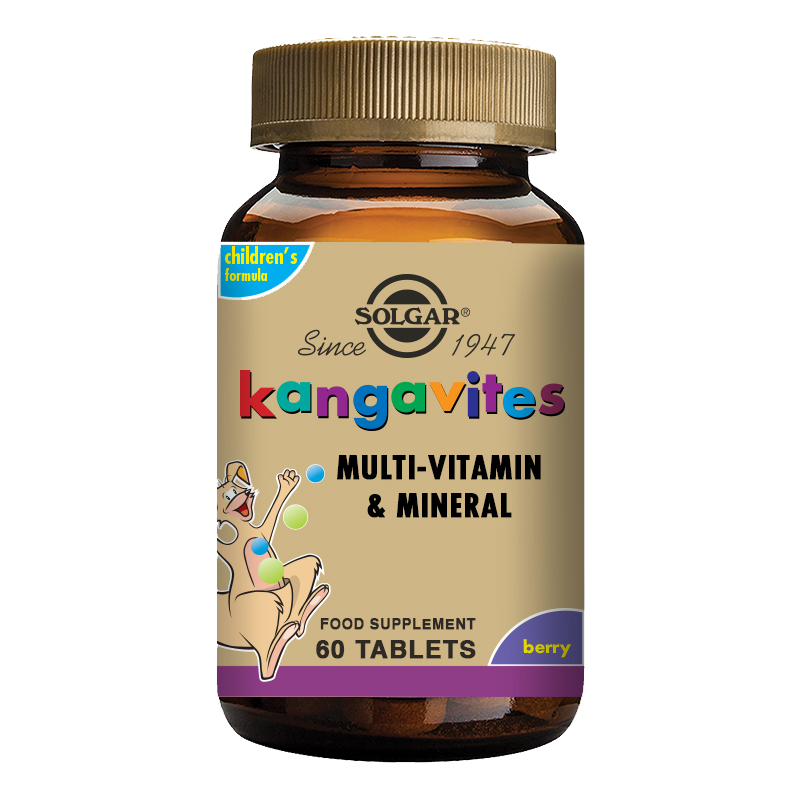 Solgar Kangavites Bouncing Berry Complete Formula Chewable Tablets in a glass jar