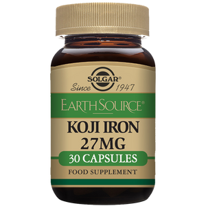 Solgar Earth Source Food Fermented Koji Iron capsules in a glass bottle with a gold lid