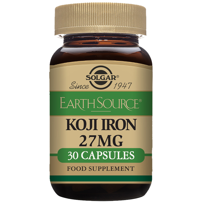 Solgar Earth Source Food Fermented Koji Iron capsules in a glass bottle with a gold lid
