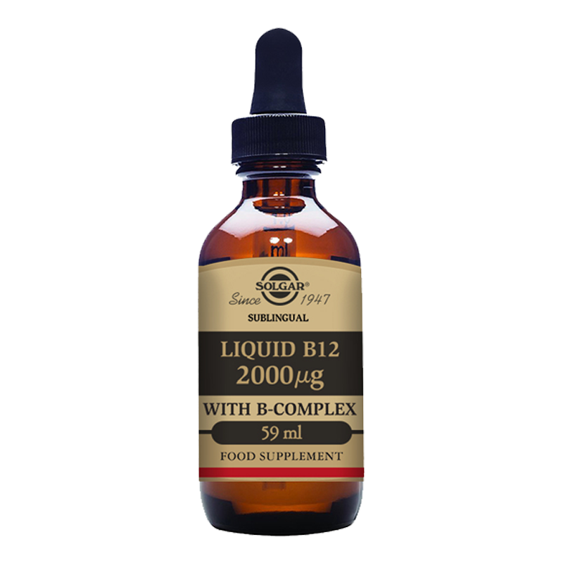 Solgar Liquid B12 2000 mcg with B-Complex in a glass bottle with a pipette