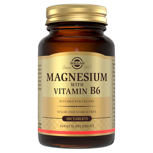 Solgar magnesium with vitamin B6 supplements in a glass bottle with a gold lid