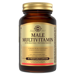 Solgar Male Multivitamin capsules in a glass bottle with a gold lid