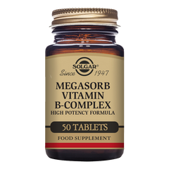 Solgar Megasorb Vitamin B-Complex High Potency Tablets in a glass jar with a gold lid