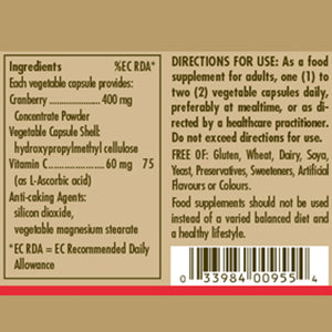 Ingredients label for Solgar Natural Cranberry with Vitamin C vegetable capsule bottle
