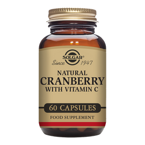 Solgar Natural Cranberry with Vitamin C vegetable capsules in a glass bottle with a gold lid