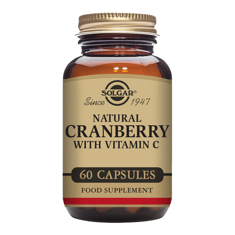 Solgar Natural Cranberry with Vitamin C vegetable capsules in a glass bottle with a gold lid