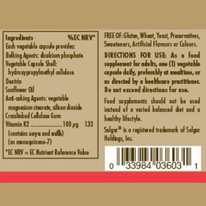 Ingredients and directions for use label for a Solgar Natural Vitamin K2 MK-7 from Natto Extract vegetable capsules bottle