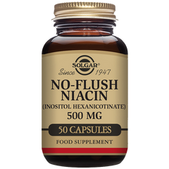 A bottle of Solgar No Flush Niacin 500 mg Vegetable Capsules with 50 capsules inside.