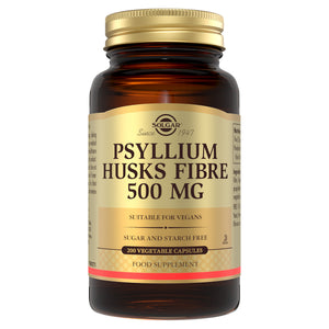 Solgar Psyllium Husks Fibre 500 MG in a glass bottle with a gold lid