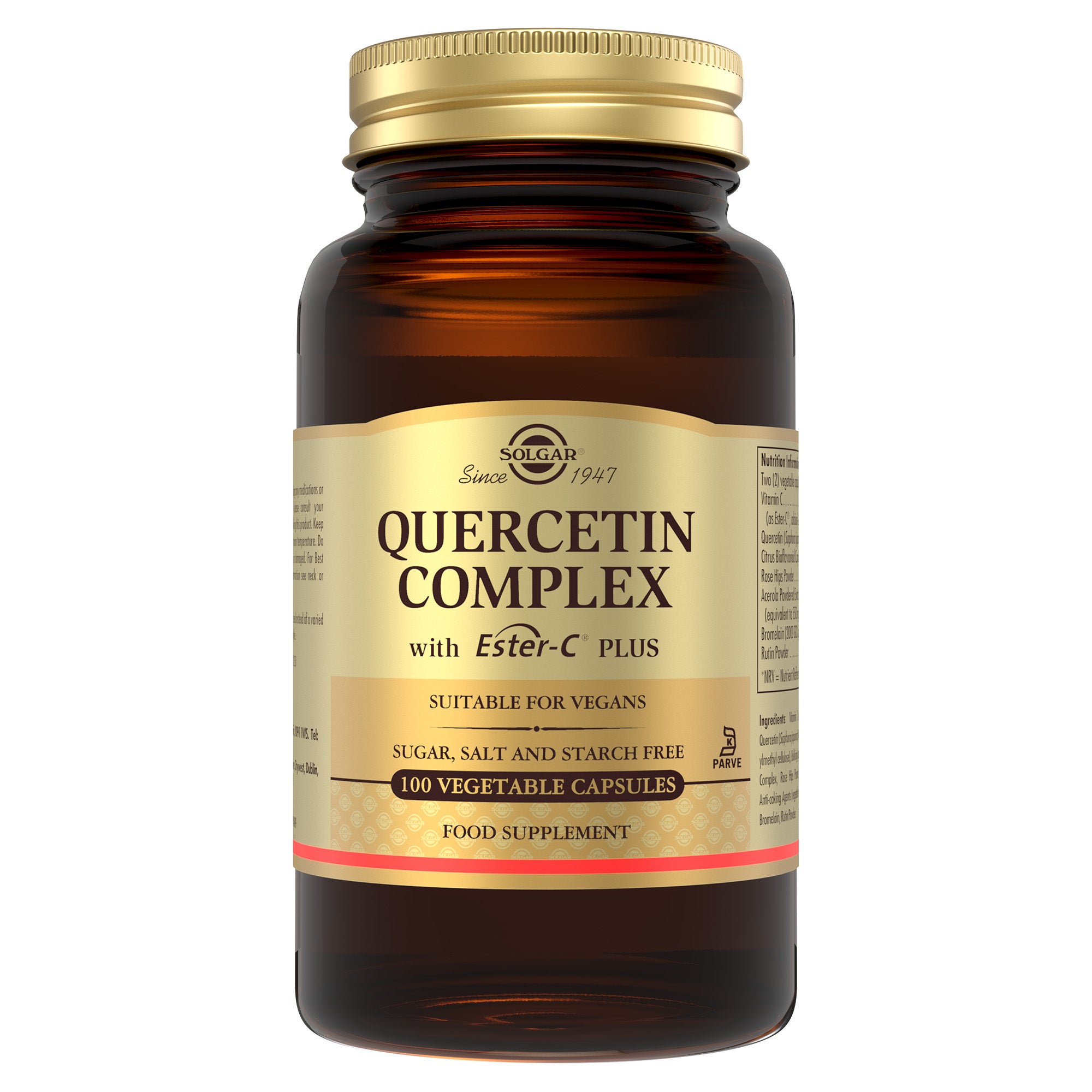 Solgar Quercetin Complex with Ester-C Plus in a glass bottle with a gold lid