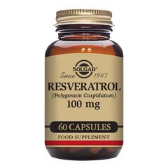 A glass bottle of Solgar Resveratrol 100 mg vegetable capsules containing 60 capsules.