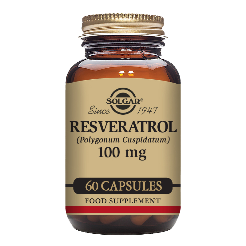 A glass bottle of Solgar Resveratrol 100 mg vegetable capsules containing 60 capsules.
