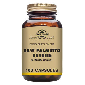 Solgar Saw Palmetto Berries vegetable capsules in a glass bottle with a gold lid