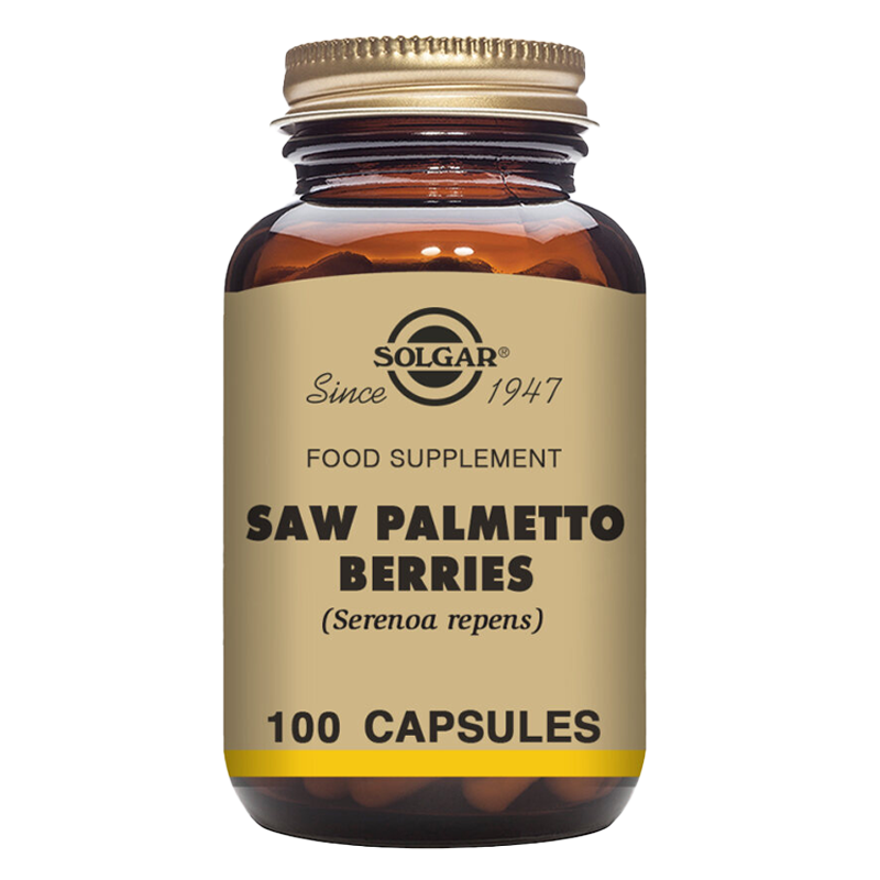 Solgar Saw Palmetto Berries vegetable capsules in a glass bottle with a gold lid