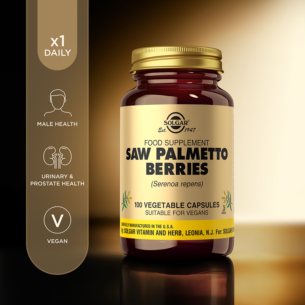 Solgar Saw Palmetto Berries vegetable capsules in a glass bottle with some product information beside it