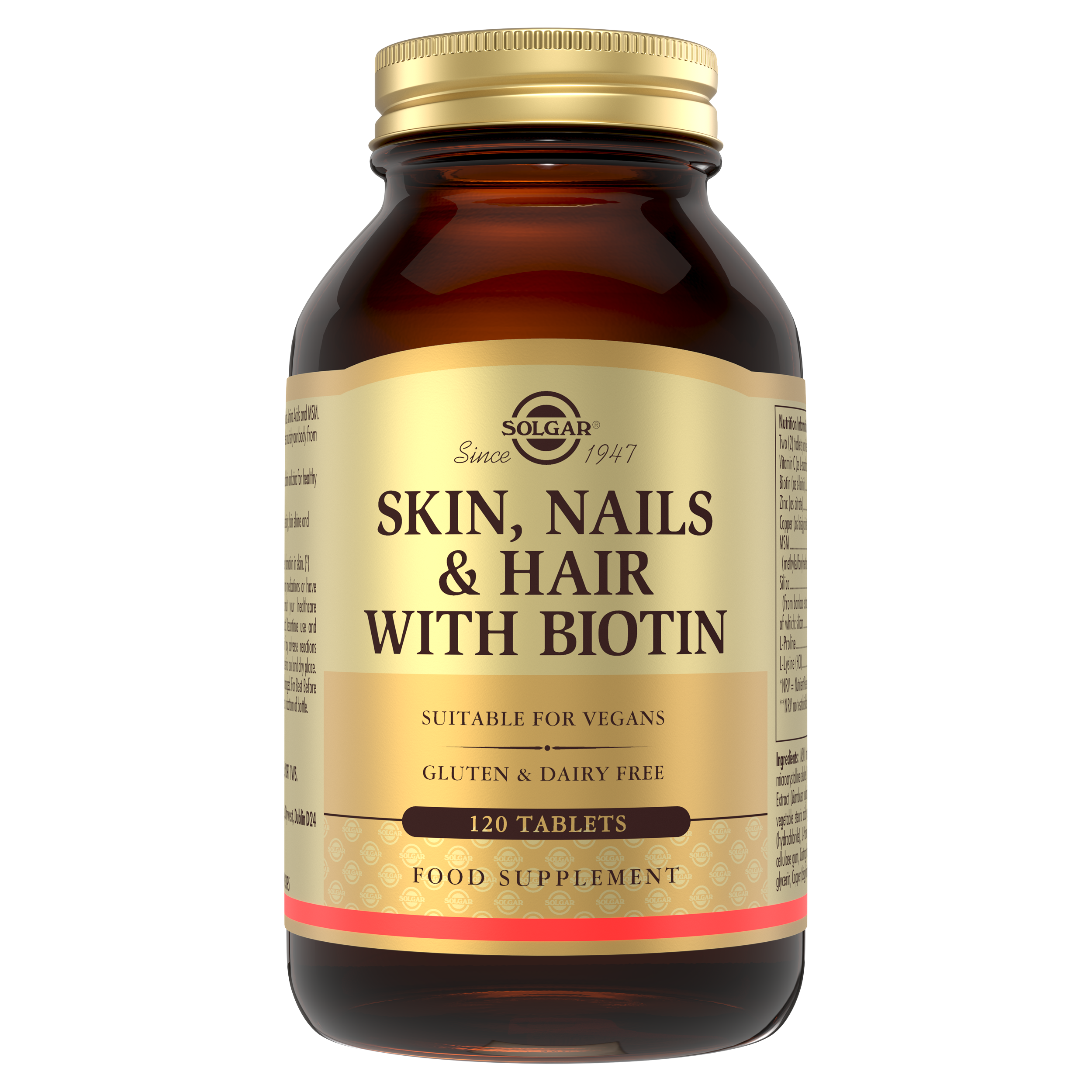 Solgar Skin, Nails & Hair with Biotin supplements in a glass bottle