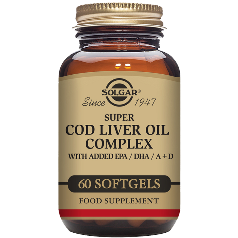 A glass bottle of Solgar Super Cod Liver Oil Complex softgels, containing 60 softgels, with added EPA/DHA and A+D