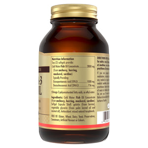Nutrition information label on a Solgar Omega-3 Fish Oil bottle