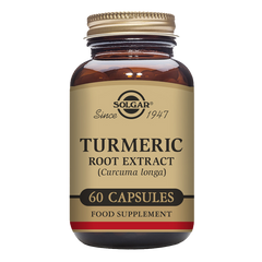 Solgar Turmeric Root Extract vegetable capsules in a glass bottle with a gold lid