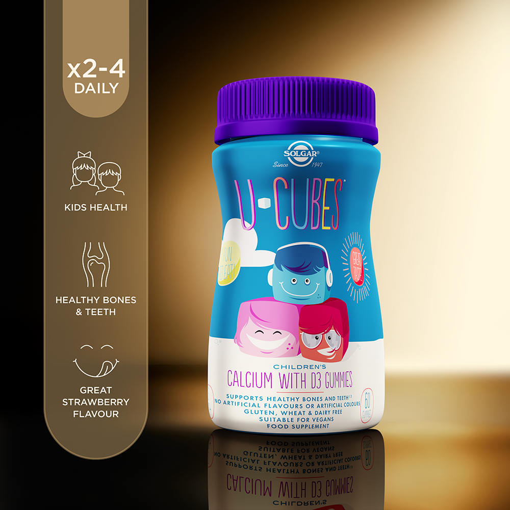 Bottle of Solgar U-Cubes Children's Calcium with Vitamin D3 Gummies with illustrations of children and a sun