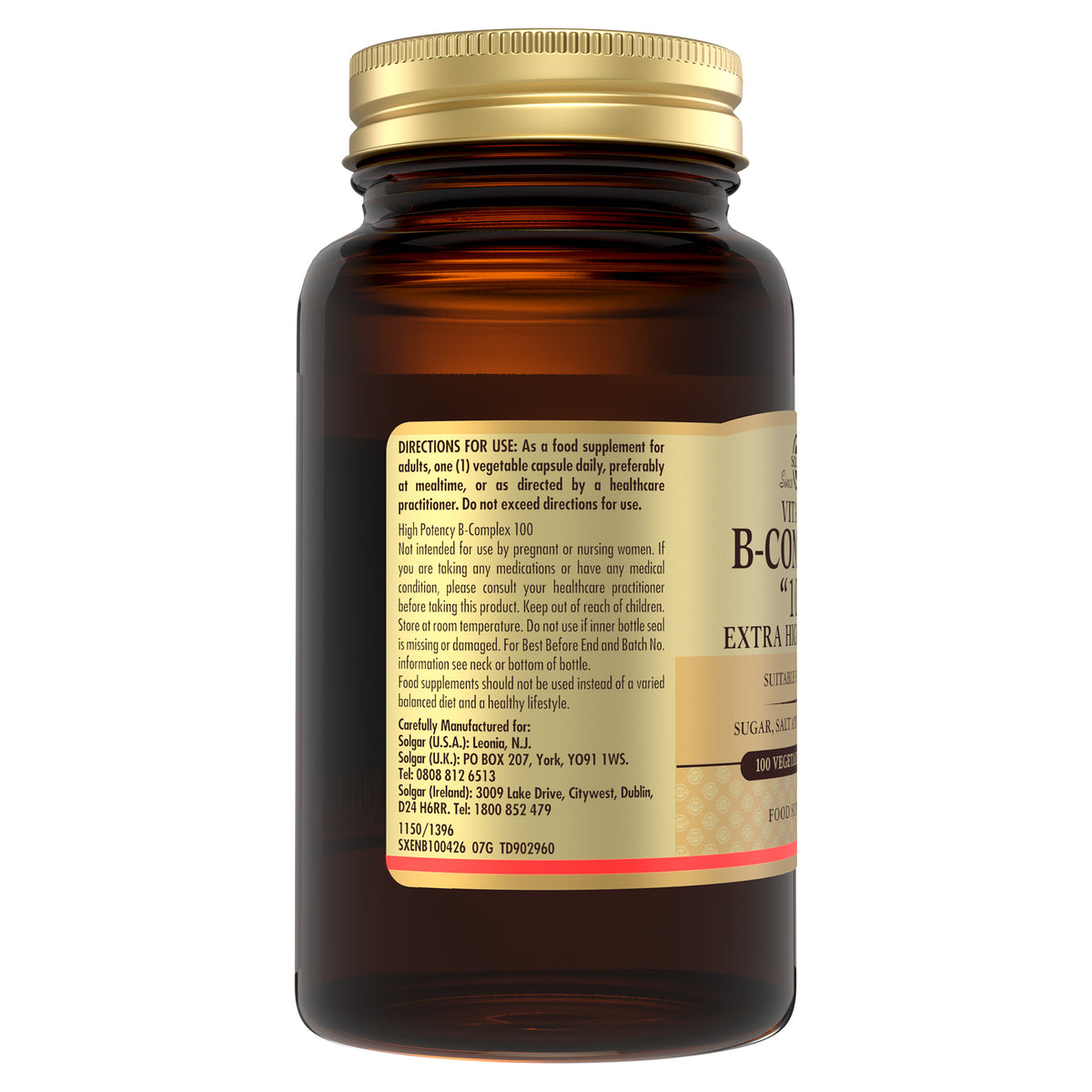 Solgar Vitamin B-complex directions for use label on a bottle