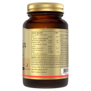 Back view of a Solgar Vitamin B-complex supplement bottle showing product information