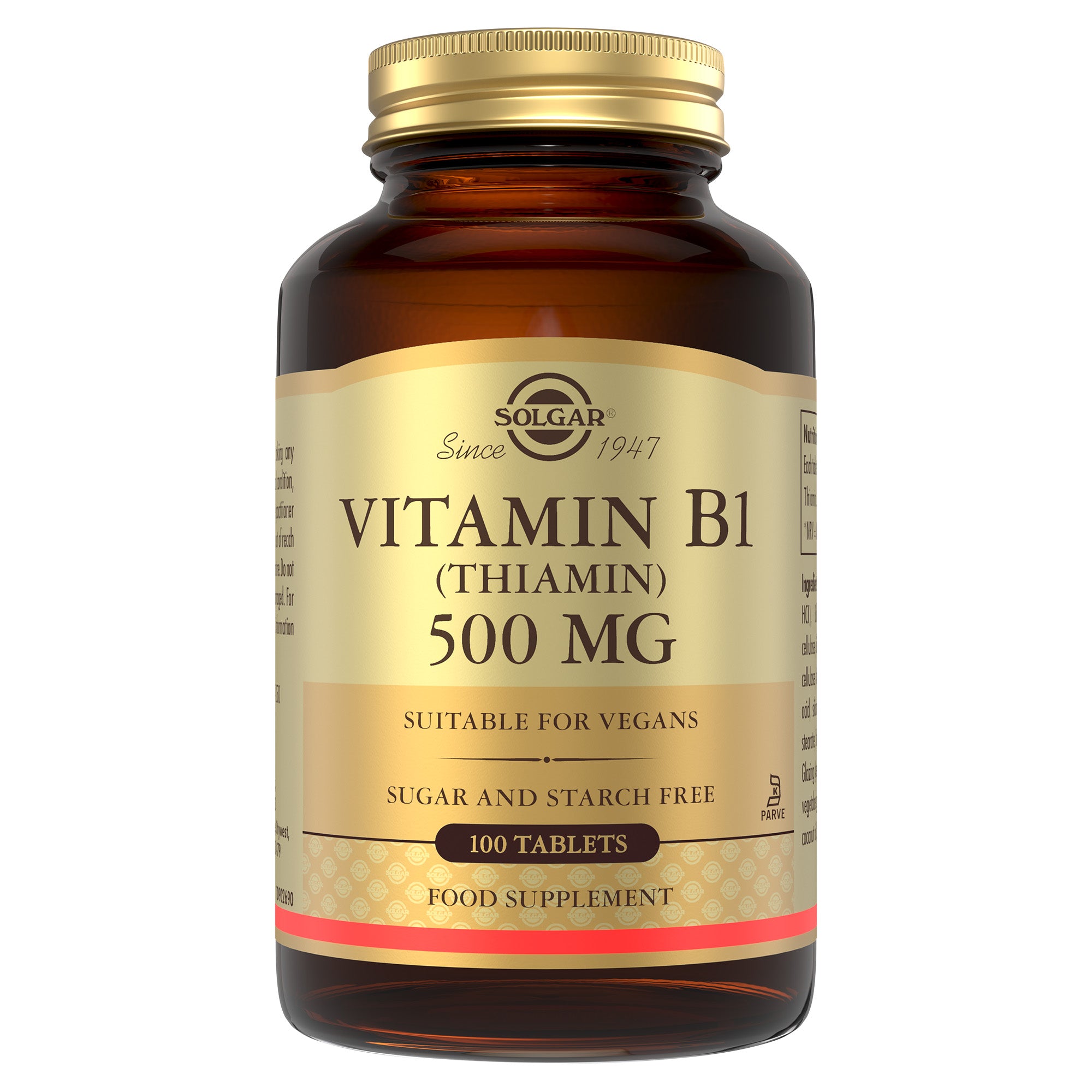 Solgar Vitamin B1 supplements in a glass bottle with a gold lid