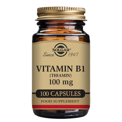 A glass bottle of Solgar Vitamin B1 (Thiamin) 100 mg with 100 vegetable capsules