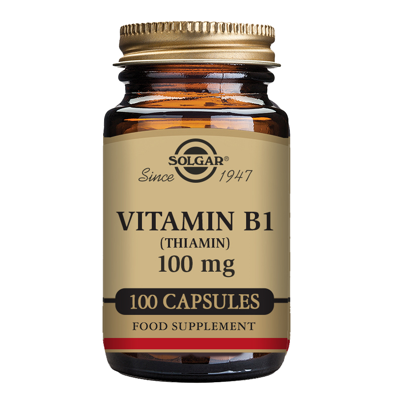 A glass bottle of Solgar Vitamin B1 (Thiamin) 100 mg with 100 vegetable capsules