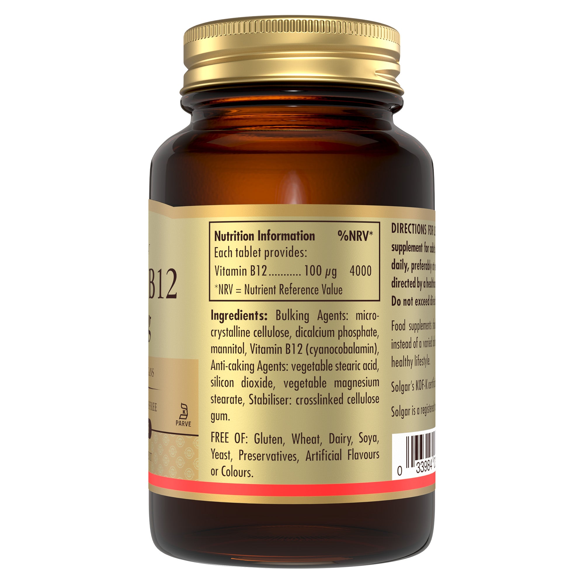 Side view of a Solgar Vitamin B12 supplement bottle displaying product information