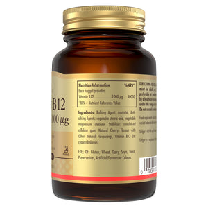 Nutrition information label on a bottle of Solgar Vitamin B12 supplements