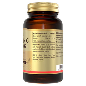 Nutrition information label on a Solgar Vitamin C vegetable capsules bottle