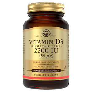 Solgar Vitamin D3 supplements in a glass bottle with a gold lid