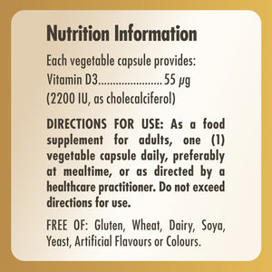 Nutrition information label for Solgar Vitamin D3 supplement bottle