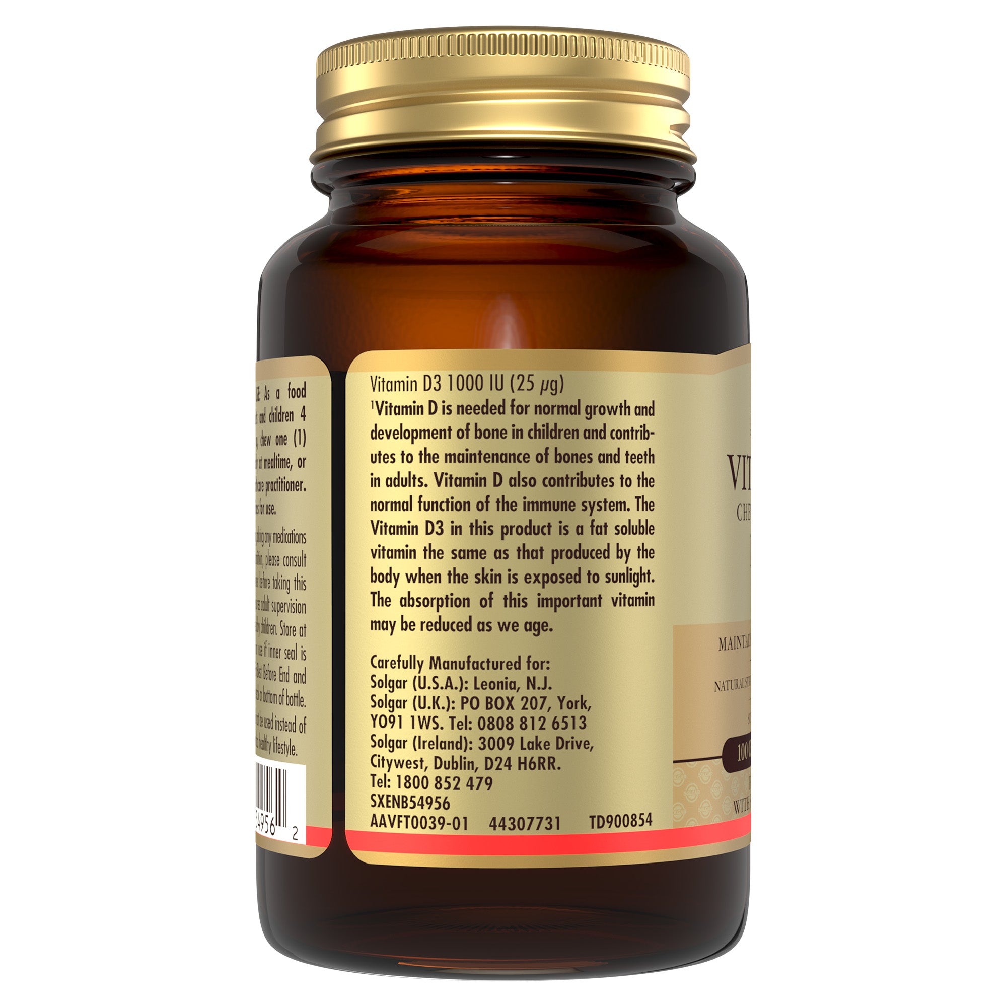 Back view of a Solgar Vitamin D3 chewable tablet glass bottle containing product information