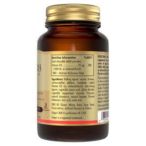 Nutrition information label on a Solgar Vitamin D3 chewable tablet glass bottle