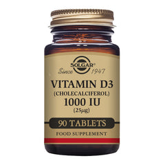 Solgar Vitamin D3 supplement glass bottle with a gold lid