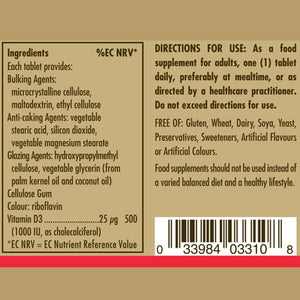 Ingredients label for Solgar Vitamin D3 supplements