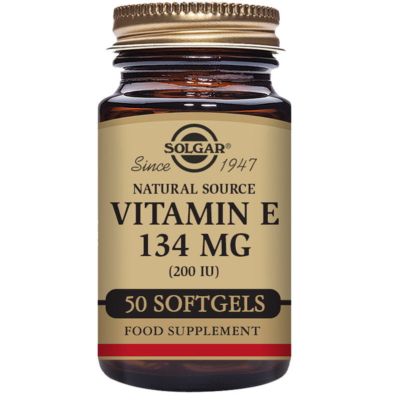 A glass bottle of Solgar Vitamin E 134 mg (200 IU) softgels with a gold lid
