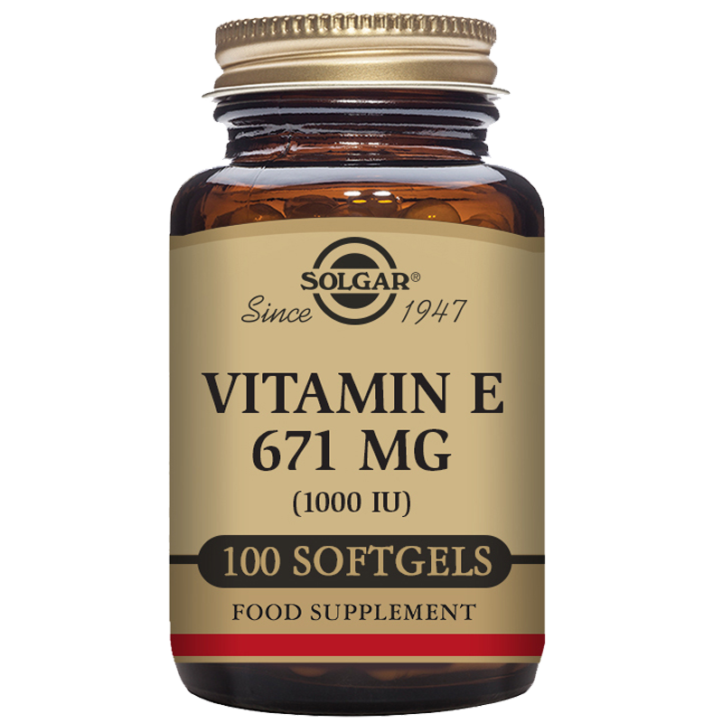 A glass bottle of 100 Solgar Vitamin E 671 mg (1000 IU) Softgels