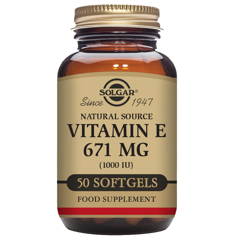 Glass bottle of Solgar Vitamin E 671 mg (1000 IU) Softgels with a gold lid