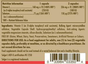 Nutrition information label for Solgar Vitamin E with Yeast Free Selenium