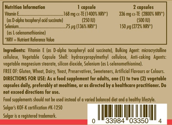 Nutrition information label for Solgar Vitamin E with Yeast Free Selenium