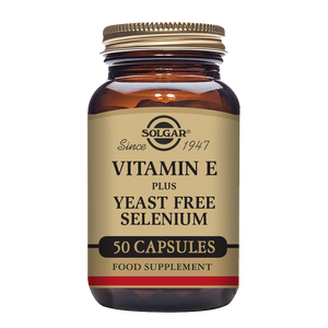 A glass bottle of Solgar Vitamin E with Yeast Free Selenium with a gold lid