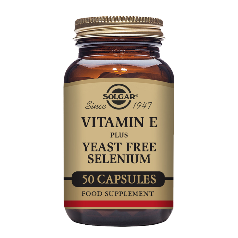 A glass bottle of Solgar Vitamin E with Yeast Free Selenium with a gold lid